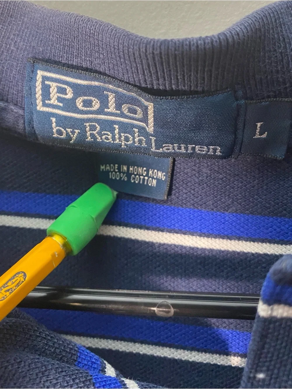 Ralph Lauren Navy Blue Striped Polo with Yellow Logo